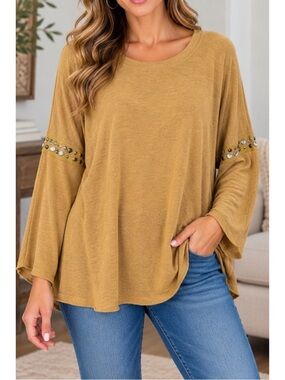 Vocal Mustard Gold Embellished Sleeve Tunic Top- XL